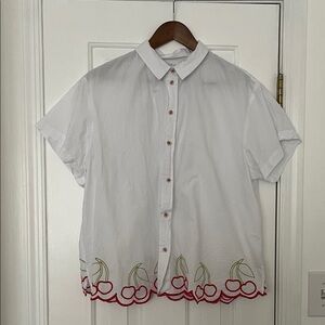 Maeve Anthropologie White Cherry Embroidered Blouse